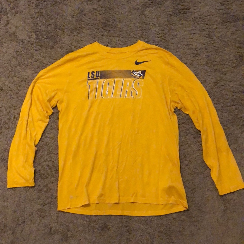 Gold LSU Nike Tee Long Sleeve, dri-fit, LSU tiger eye logo